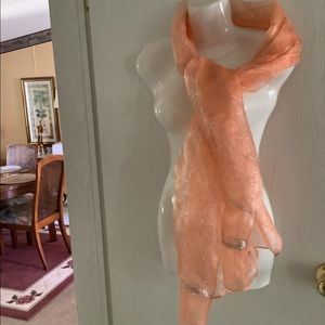 Scarf silk look silver sparkles versatile peach can be worn many ways. 72”x20”